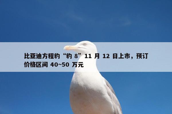 比亚迪方程豹“豹 8”11 月 12 日上市，预订价格区间 40~50 万元